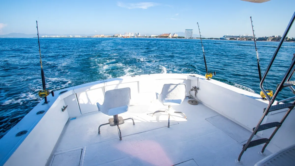 Cubierta abierta de la Bertram 38 con cañas de pesca y la costa de Puerto Vallarta al fondo, barco privado por hora