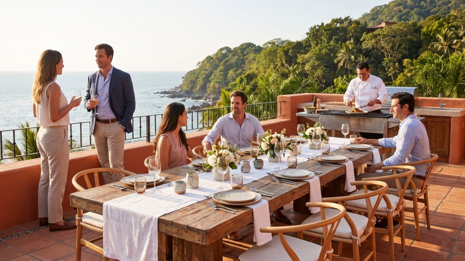 Grupo de amigos en una terraza frente al mar mientras el chef privado cocina en la parrilla en Puerto Vallarta