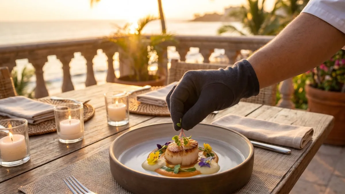 Chef terminando el emplatado de una vieira en una terraza al atardecer en Puerto Vallarta