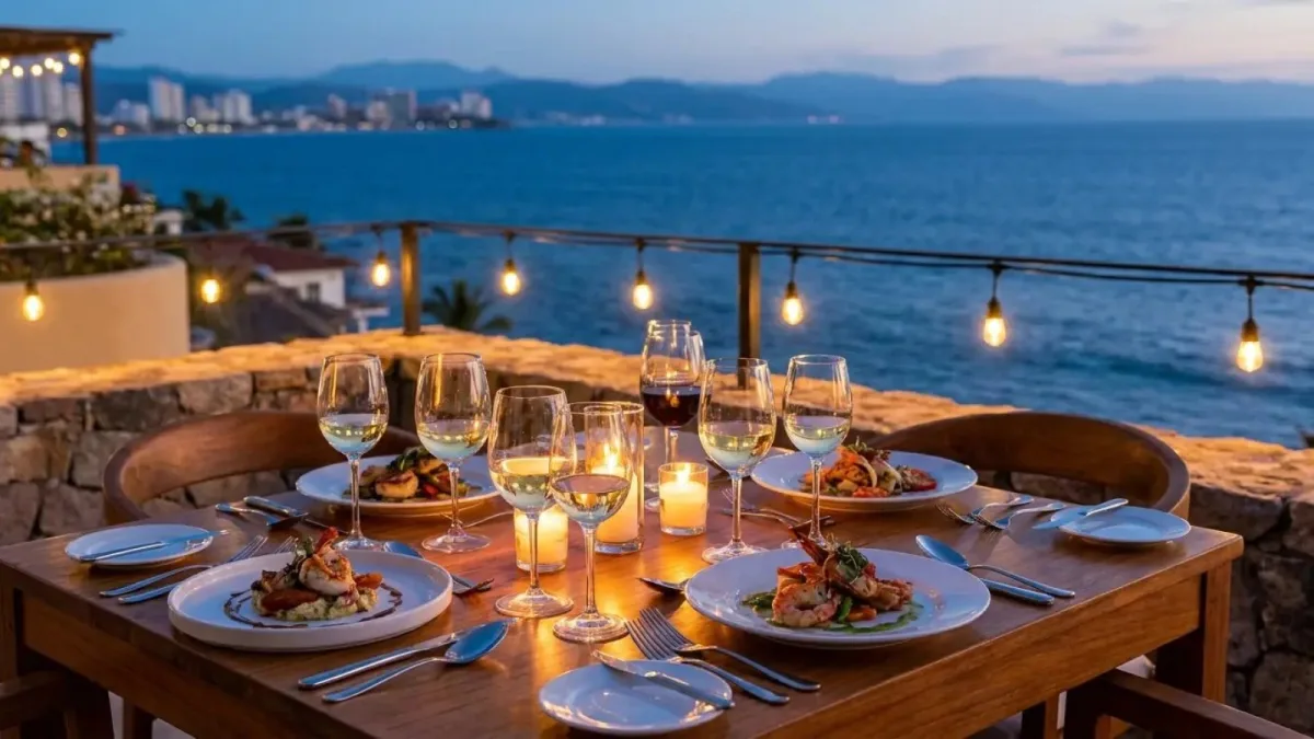 Mesa puesta para una cena de chef privado en una terraza con vista a la bahía y luces al anochecer